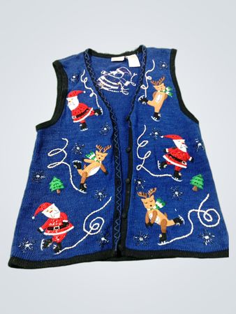 Bobbie Brooks Damen Blaues Weihnachtsweste mit Santa und Rentieren