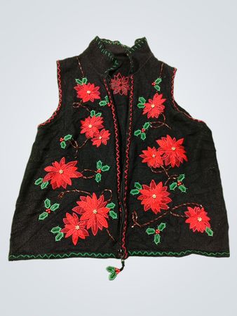 Schwarzes ärmelloses Weste mit roter Weihnachtsstern-Stickerei