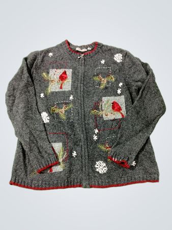 Grauer Reißverschluss-Cardigan mit Kardinal und Schneeflocken-Stickerei