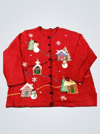 Roter Weihnachts-Cardigan mit Schneemännern und Häusern