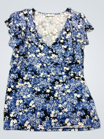 Charter Club Petite Blau Floral Print V-Ausschnitt Rüsch Kurzarm Top
