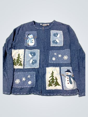 Bestickter Reißverschluss-Pullover mit Blue Snowman und Weihnachtsbaum