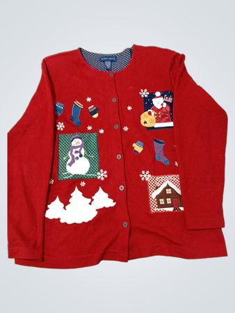Karen Scott Women's roter Weihnachtsstrickjacke mit Schneemann-, Weihnachtsmann- und Hausapplikationen