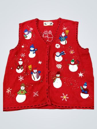Rote Weihnachtsweste mit Schneemann-Stickerei