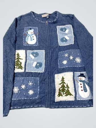 Damen-Blauer Zip-Up-Cardigan mit besticktem Schneemann und Bäumen