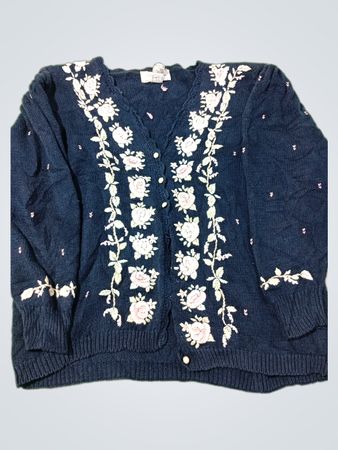 Marineblauer bestickter Cardigan mit Blumenmuster