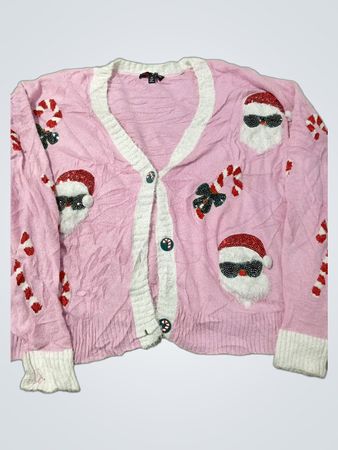 Rosa Weihnachtsstrickjacke mit Weihnachtsmann- und Zuckerstangen-Details