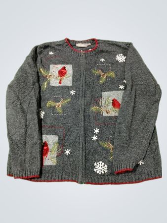 Croft & Barrow Damen Strickjacke mit Reißverschluss in Grau mit Kardinälen und Schneeflocken