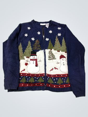 Croft & Barrow Damenblauer Zip-Pullover mit Schneemann und Weihnachtsbaum
