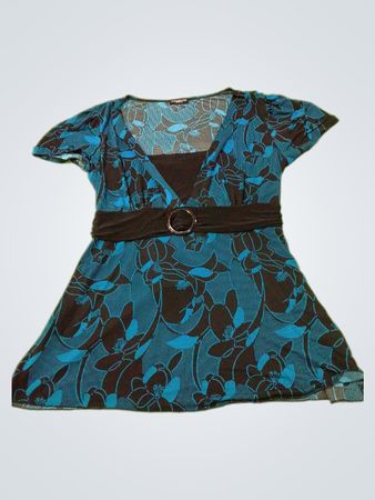 PERSEPTION WOMEN Blaues und braunes Blumenmuster Kurzarm V-Ausschnitt Top mit Gürtel