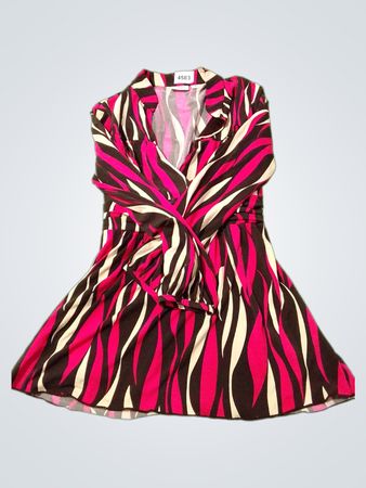 Cato Damen Rosa Braun Weiß Abstrakter Print Kurzarm Kleid mit Kragen