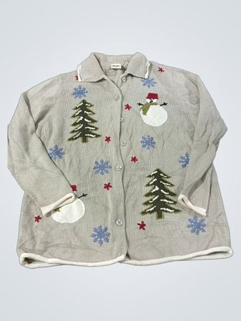 Cherokee Woman hässlicher Weihnachtspullover Cardigan mit Schneemann und Bäumen