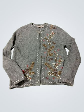 Croft & Barrow Damen Strickjacke in Grau mit gesticktem Muster und Reißverschluss vorne