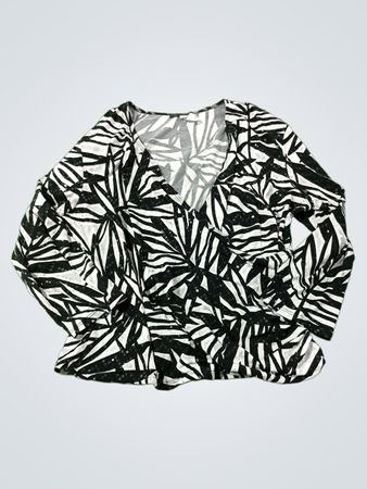 J. L. Luxe Black & White Leaf Print Pailletten-Oberteil mit V-Ausschnitt und langen Ärmeln