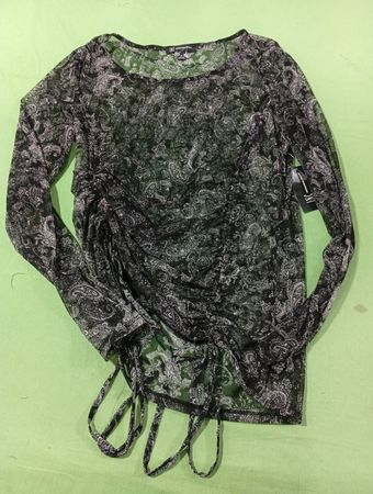 INC International Concepts Black Paisley Ruched Mesh Long Sleeve Top