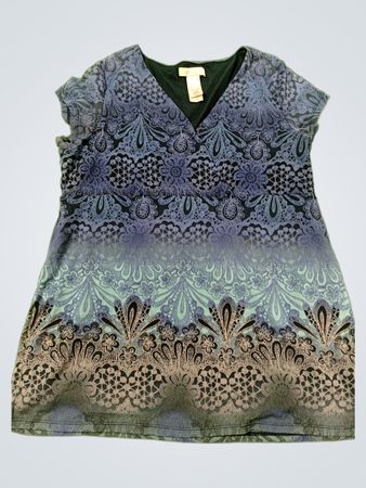 Lizwear Damen Oberteil mit V-Ausschnitt, kurzem Ärmel und blauem Spitzenmuster