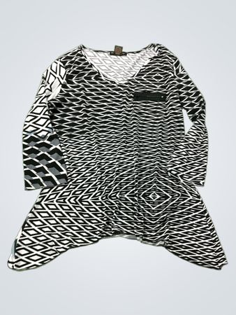 Susan Lawrence Damen Tunika-Oberteil mit V-Ausschnitt in Schwarzweiß mit geometrischem Muster