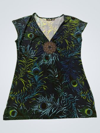 APT. 9 Pfauenfeder-Print V-Ausschnitt verzierte Tunika-Bluse