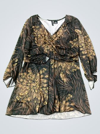 New Directions Damen Kleid mit Pfauenmuster, langärmlig, Twist-Front, Größe L