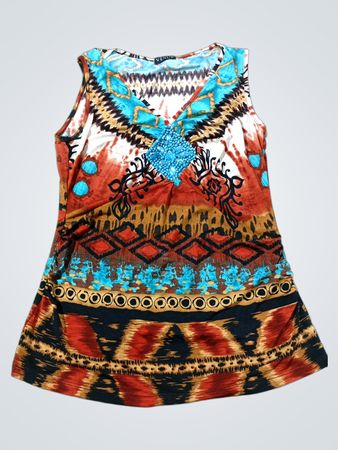 Venus ärmellose Bluse mit Tribal-Muster und blauen Verzierungen