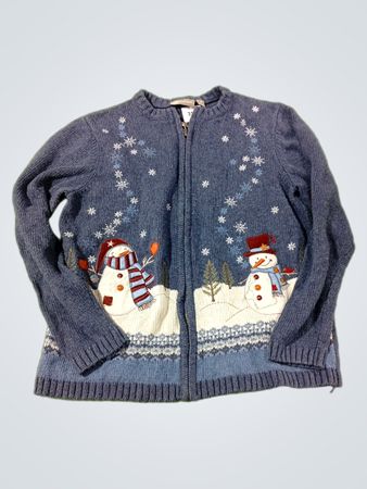 Croft & Barrow Damen Blaue Snowman-Schneeflocke Winter-Zip-Up-Strickjacke-Pullover