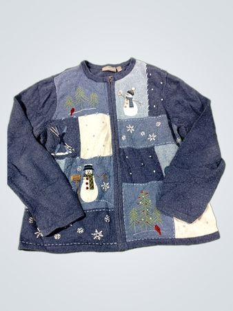 Croft & Barrow Damen Patchwork-Schneemann- und Baum-Reißverschluss-Cardigan