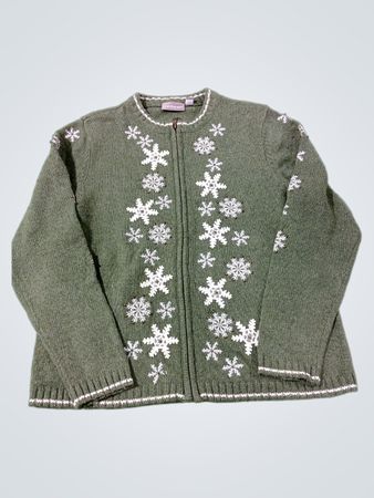 croft & barrow grüne Zip-up-Strickjacke mit Schneeflockenmuster