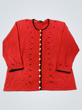 Nonpareil roter Cardigan mit schwarzer Einfassung und Cut-out-Details