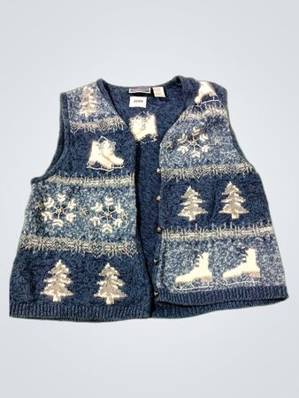North Crest Damen Blaues Schneeflocken- und Schlittschuh-Pullunderweste