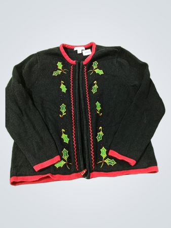 THE TOG SHOP Schwarze Weihnachtsstrickjacke mit Stechpalmen-Stickerei