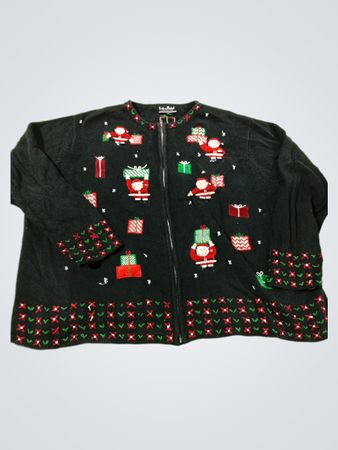 Extra Point by Reference Point Black Christmas Santa and Gift Zip Up Cardigan