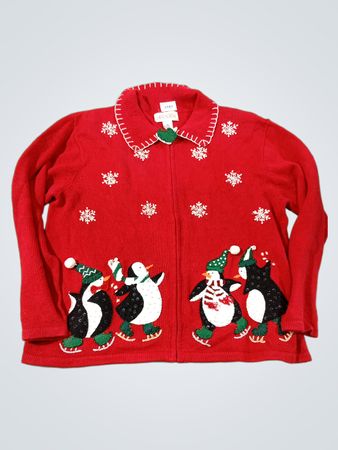 Roter Weihnachtspullover mit Pinguinen