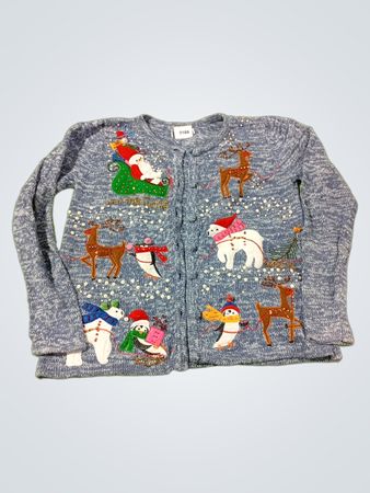 Blauer Weihnachtspullover mit Weihnachtsmann, Rentieren, Pinguinen und Schneemännern