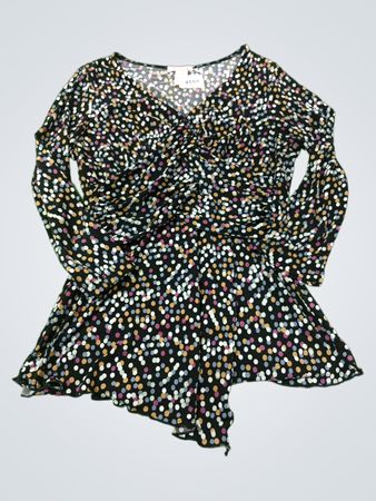 Band 1 Petite Damen Schwarzes Langarm-Oberteil mit V-Ausschnitt und Polka-Dot-Muster