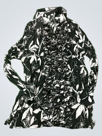 Schwarz-weißes Blumenmuster, gerafftes Langarm-Oberteil mit Rüschendetail