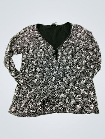 INC International Concepts Women's Black & White Rose Print Long Sleeve Top