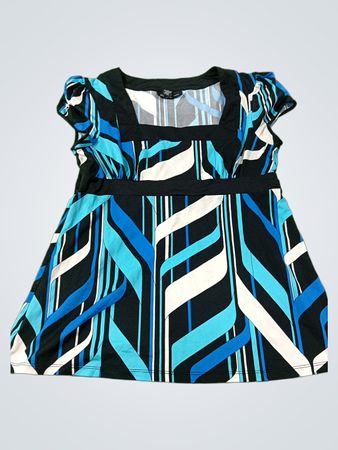 INC International Concepts Damen Oberteil mit blauem und schwarzem geometrischem Muster