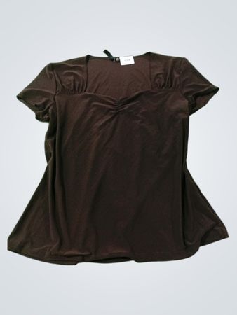 SUSAN LAURENCE Women's Brown Square Neck Ruched Short Sleeve Top PXL