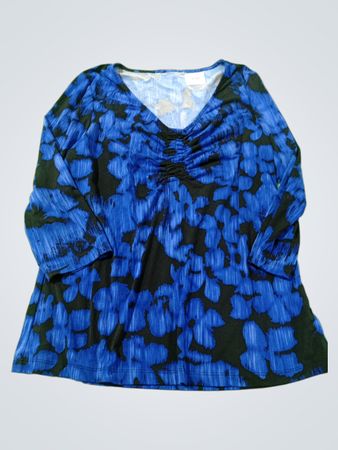 Blau-schwarzes Oberteil mit floralem Muster und Raffungen