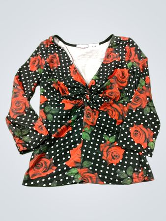 Agaci Damen Schwarz Rot Rosen Polka-Dot Twist-Front Langarm-Top