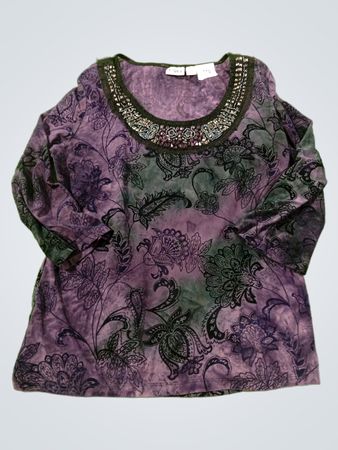 Cato Damen Bluse mit lila Paisley-Muster und Perlen am Ausschnitt