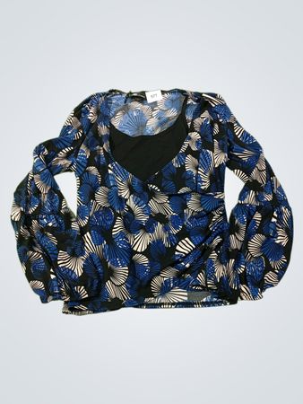 AB STUDIO Assembled in Mexico Bluse mit blau-schwarzem Fächerdruck und langen Ärmeln