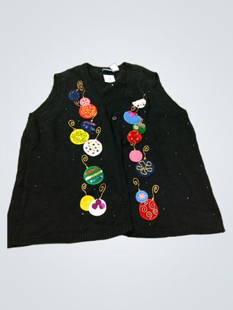 Schwarze ärmellose Strickweste mit Weihnachtskugeln