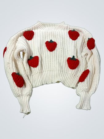 Weißer Strickpullover mit Erdbeer-Applikationen