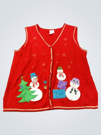 Rote Weihnachtsweste mit Schneemann- und Weihnachtsbaum-Applikationen