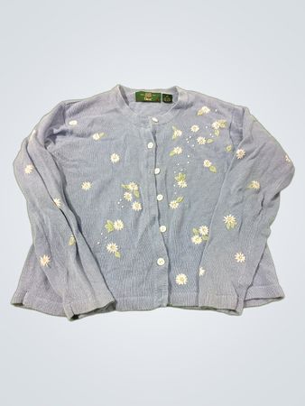 Orvis Damen Strickjacke mit hellblauer Stickerei und Gänseblümchen