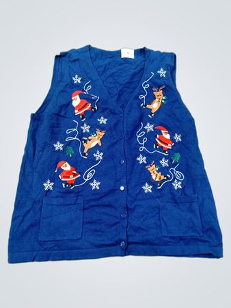 Blaue Weihnachtsweste mit Stickerei von dem Weihnachtsmann und Rentieren