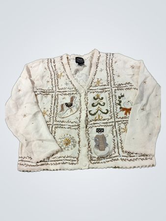 Weiße Weihnachtsstrickjacke mit Schneemann und Schaukelpferd