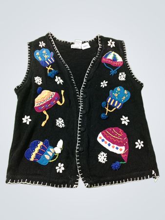 B.P. Design Damen schwarze Strickweste mit Applikationen von Fäustlingen und Mützen