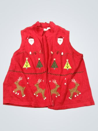 Rotes Weihnachtsweste mit Weihnachtsmann, Tannenbäumen und Rentieren